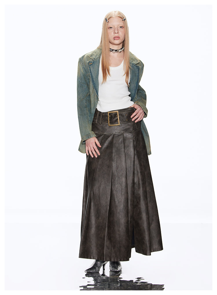 A-line Long Length Pleated Retro Leather Skirt