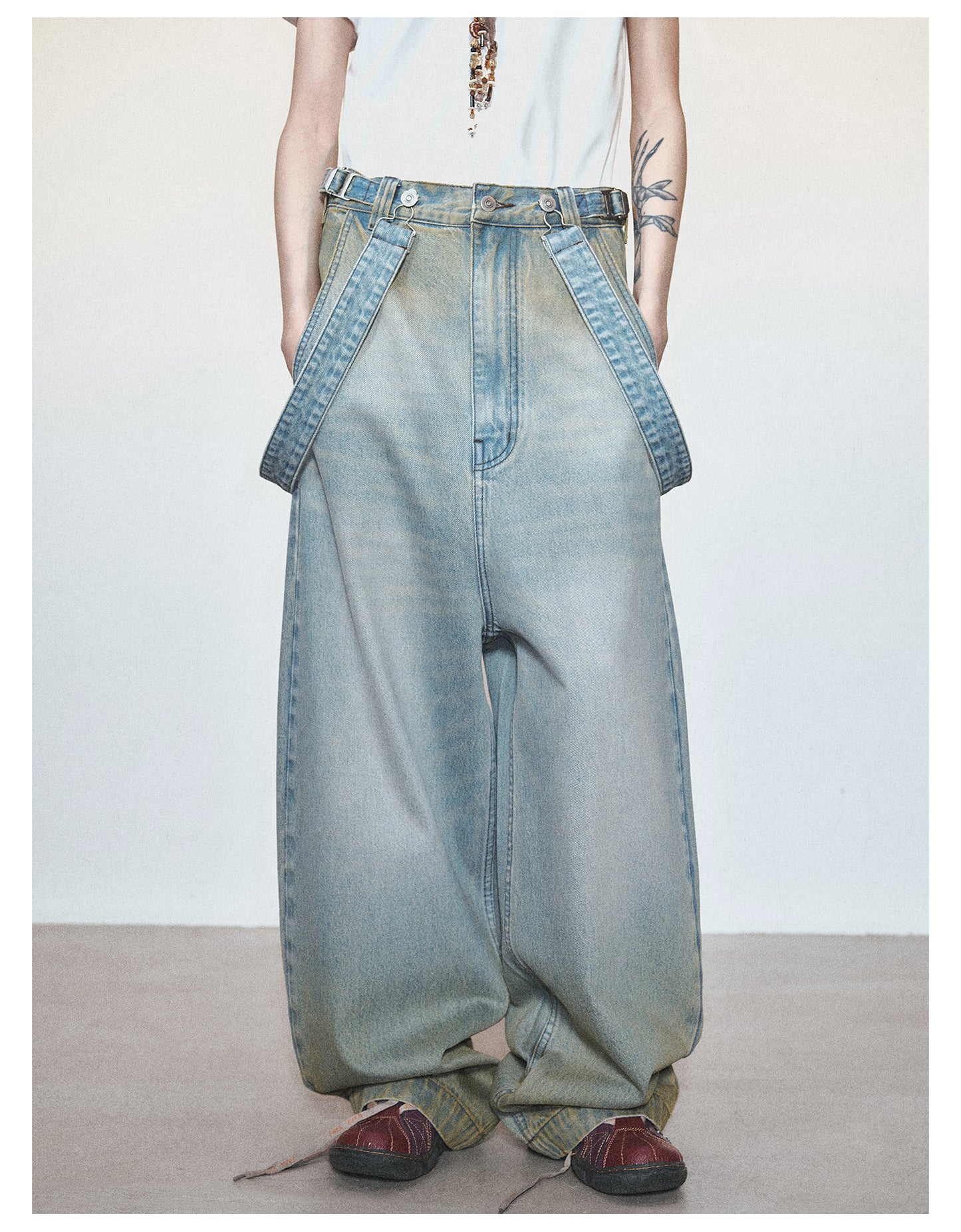 Retro Washed Casual Denim Suspender Pants