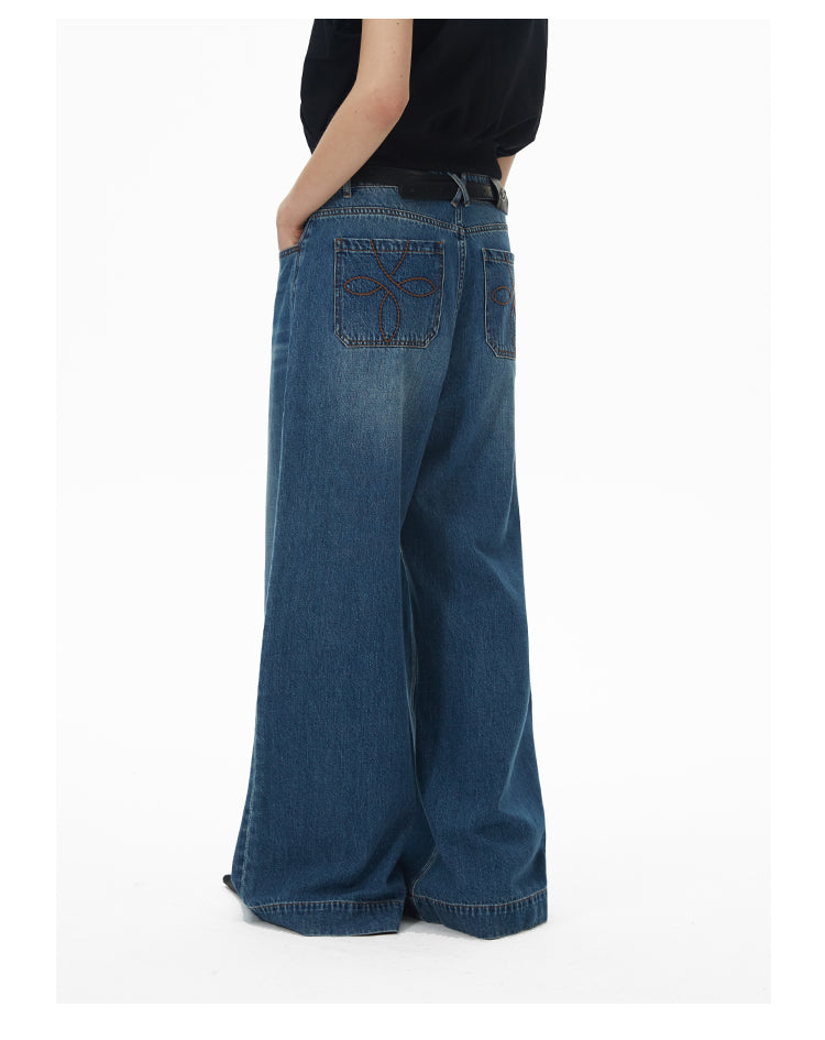 Wide-leg oversized washed retro denim pants