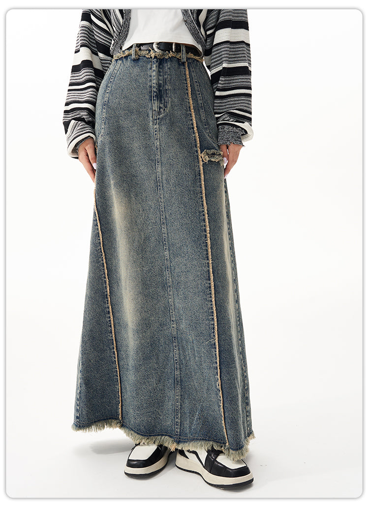 Washed Denim Long Skirt