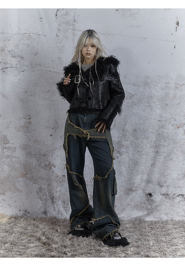 Washed Star Damaged Design Denim Pants