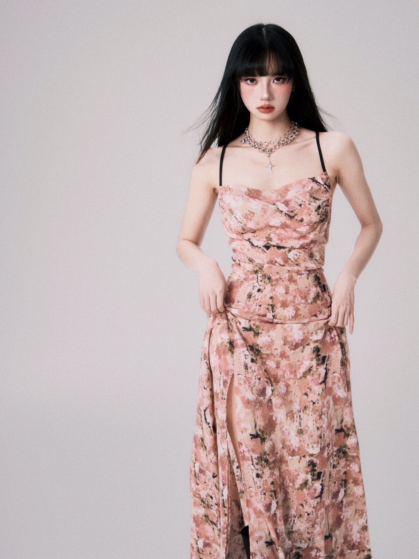 Slim fit floral slit suspender dress