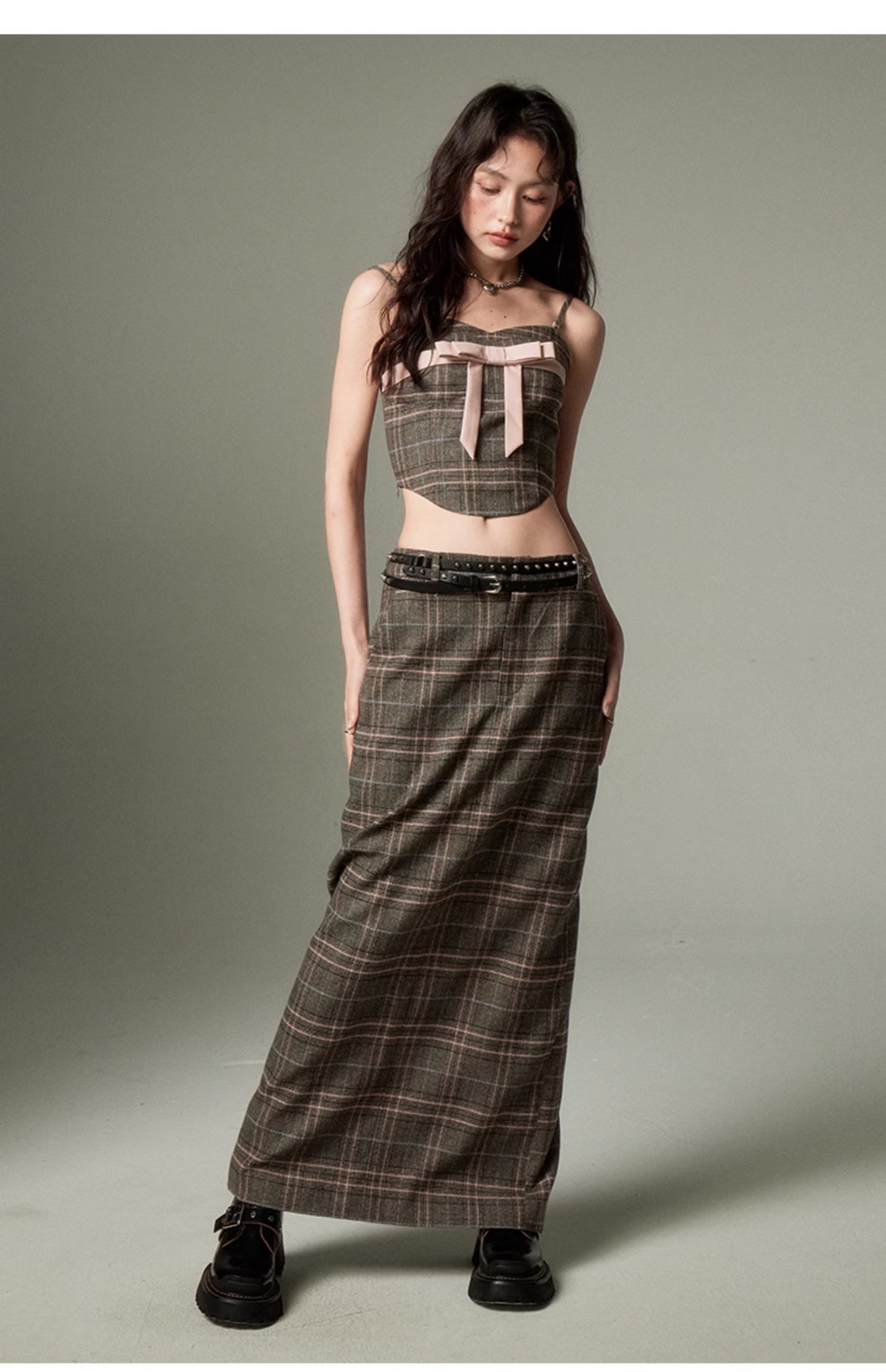 Plaid ribbon tube top &amp; a-line long length skirt set-up