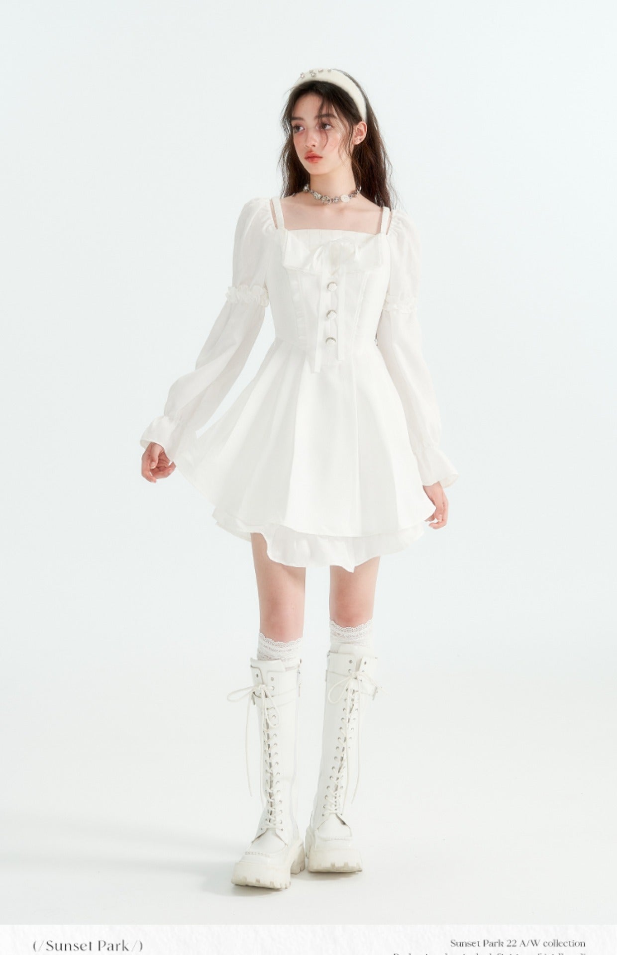 White Square Neck Puff Sleeve Tea Break Dress