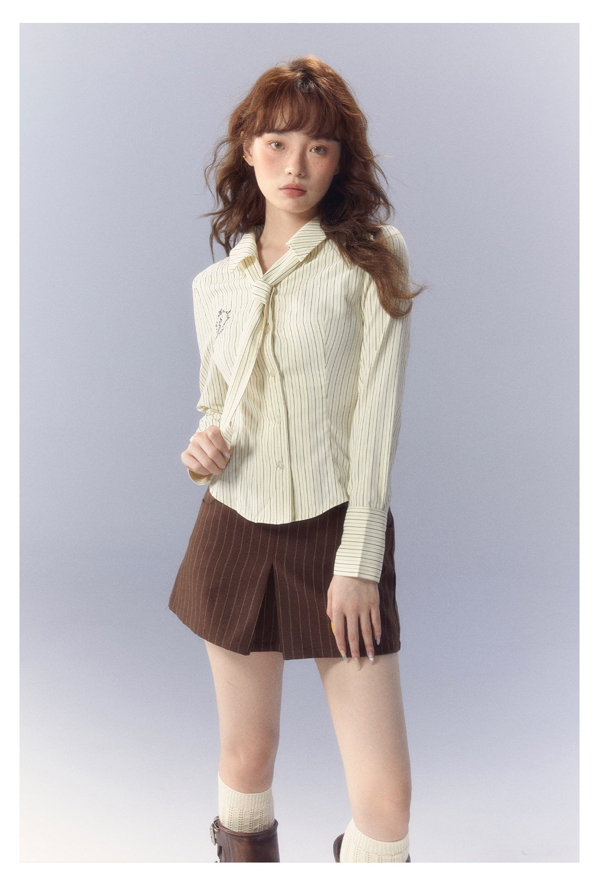 Stripe Embroidered Tie Long Sleeve Slim Shirt