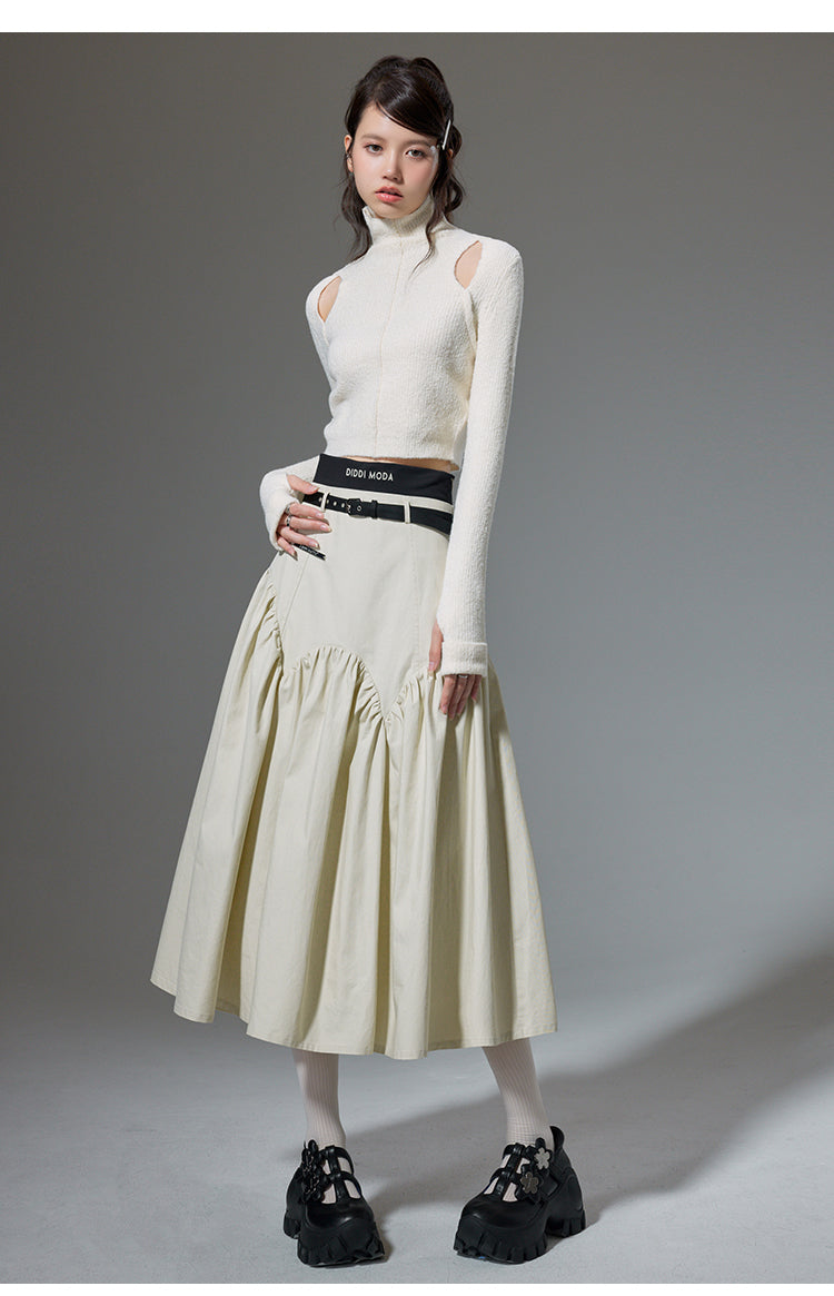 High Waist Stitch Pleated A-Line Long Skirt