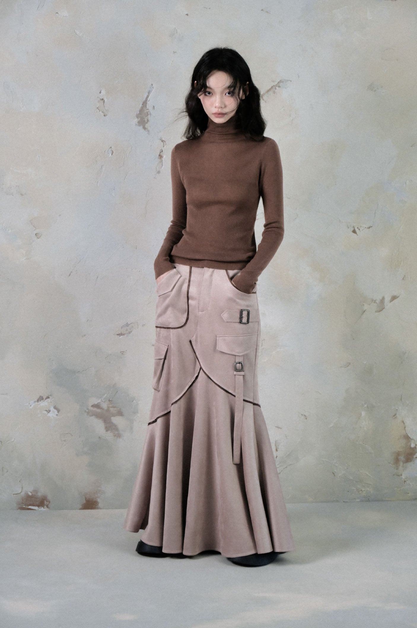 Suede retro splicing fishtail skirt