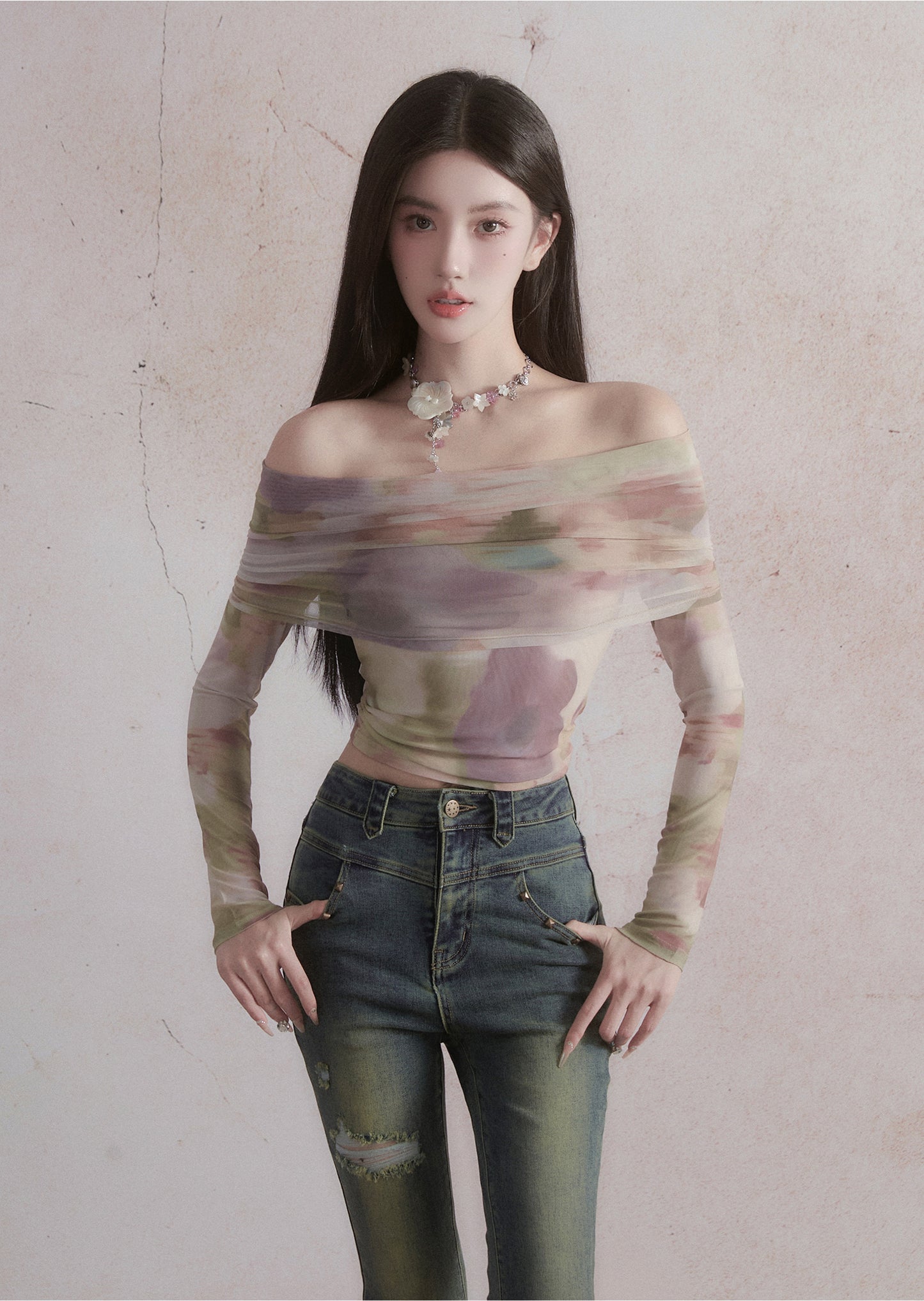 Tie-dye Pattern Sleeveless Tight Fit Long Sleeve T-Shirt