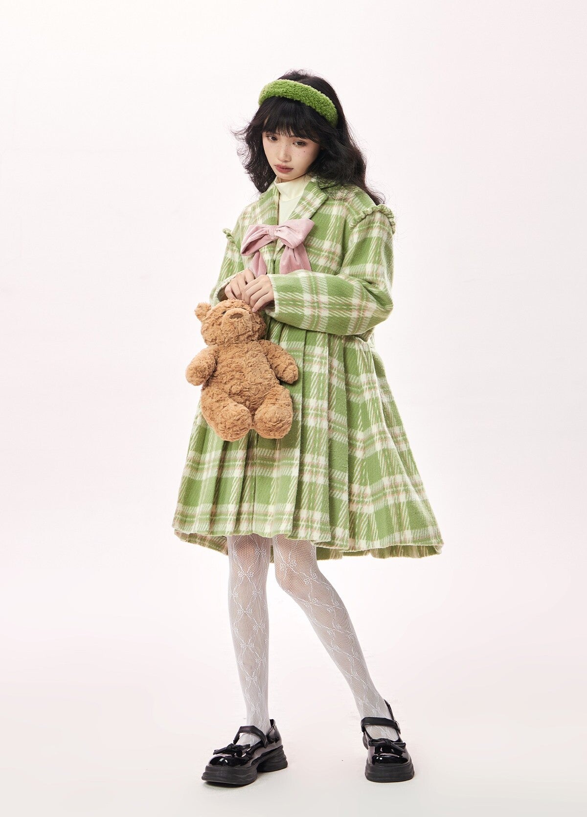 Original design checkered ribbon mid-length coat