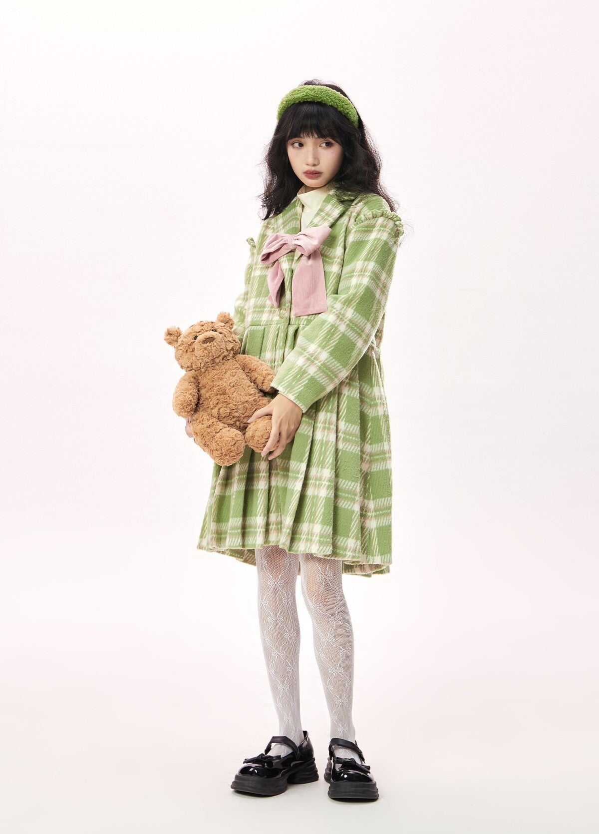 Original design checkered ribbon mid-length coat