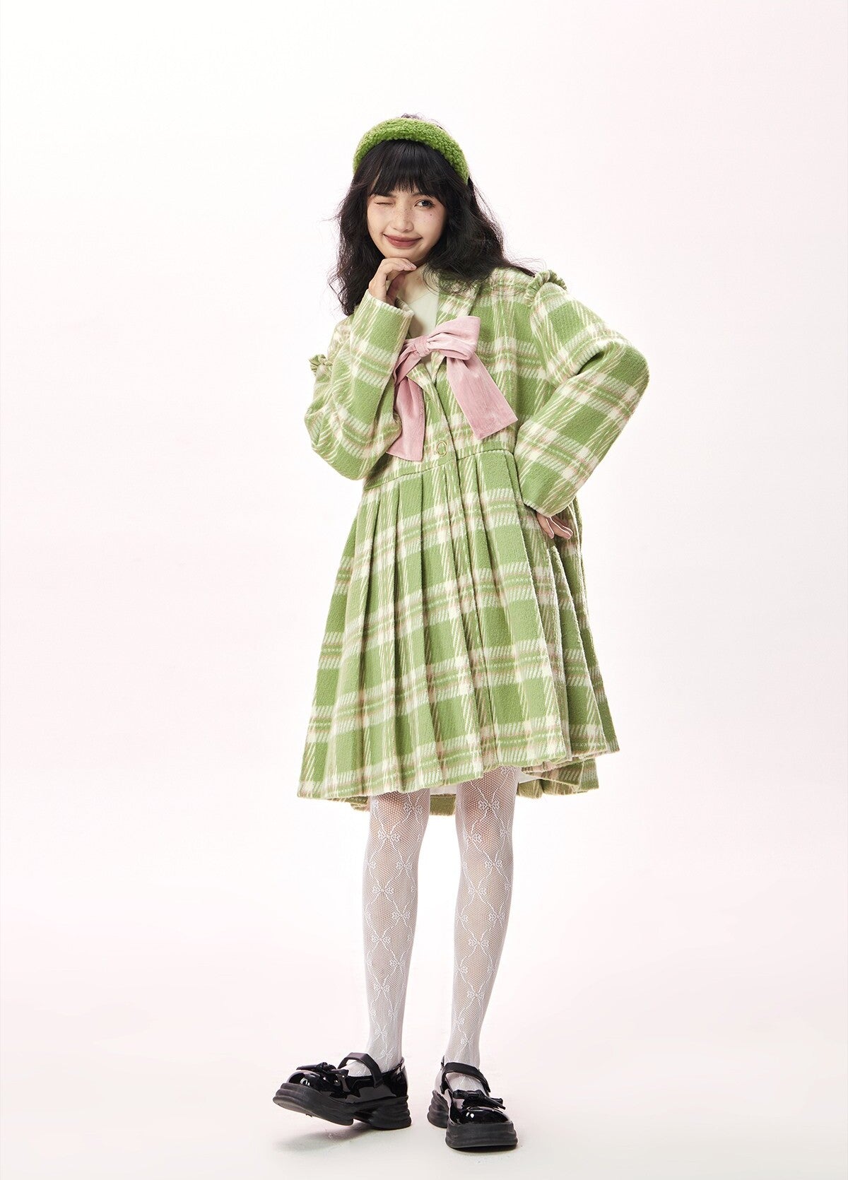 Original design checkered ribbon mid-length coat