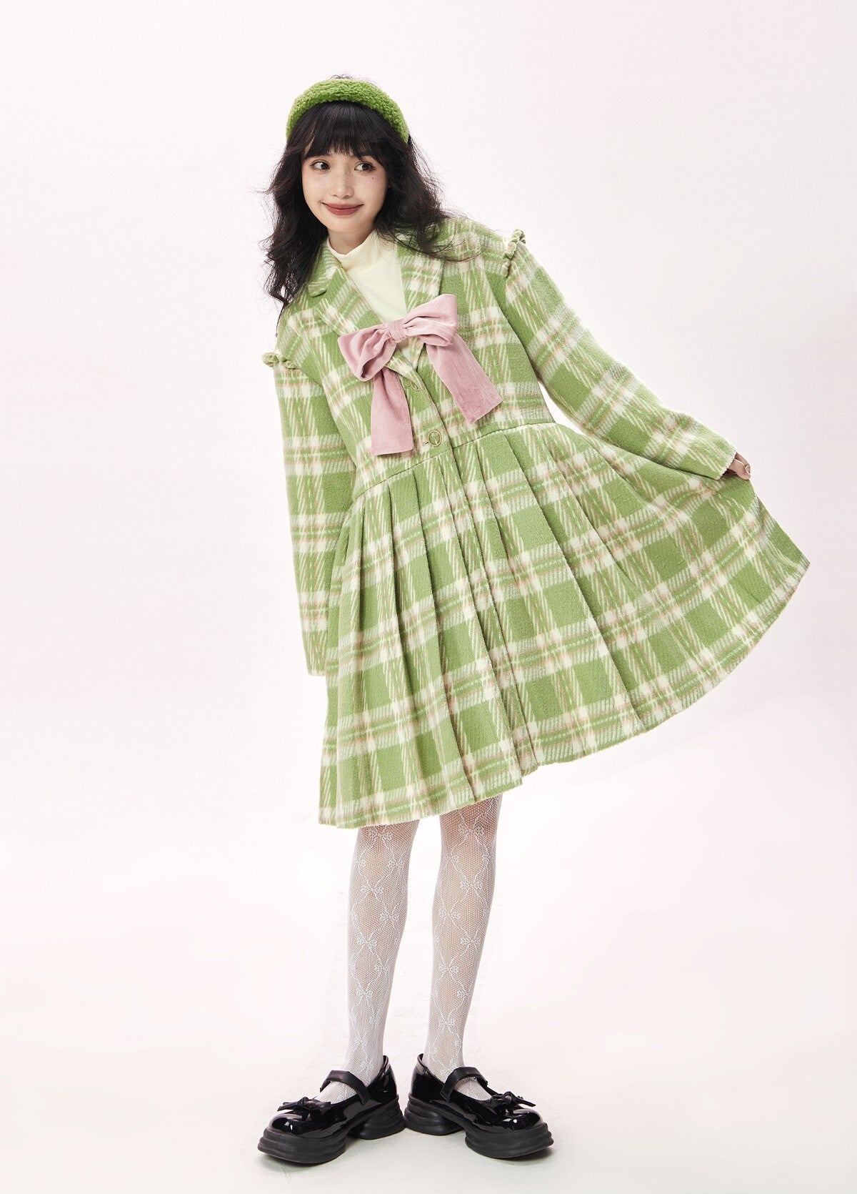 Original design checkered ribbon mid-length coat