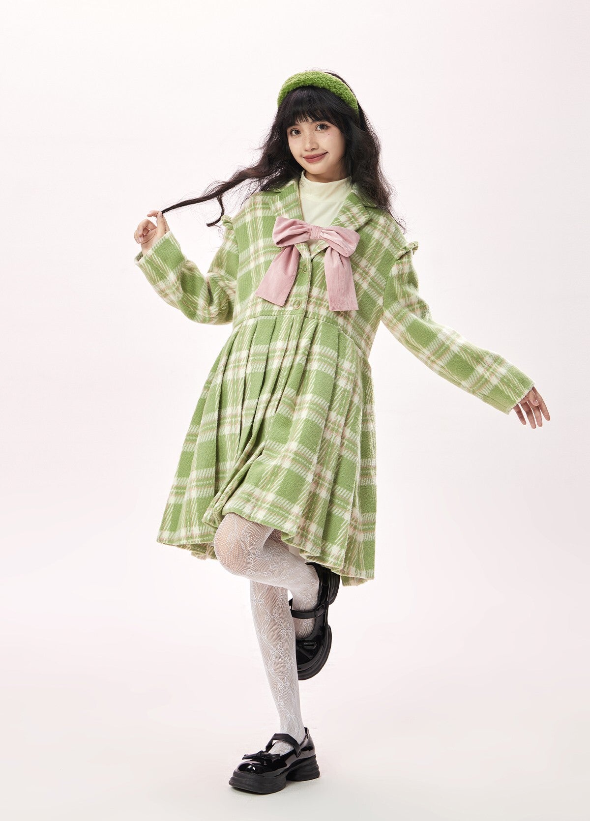 Original design checkered ribbon mid-length coat