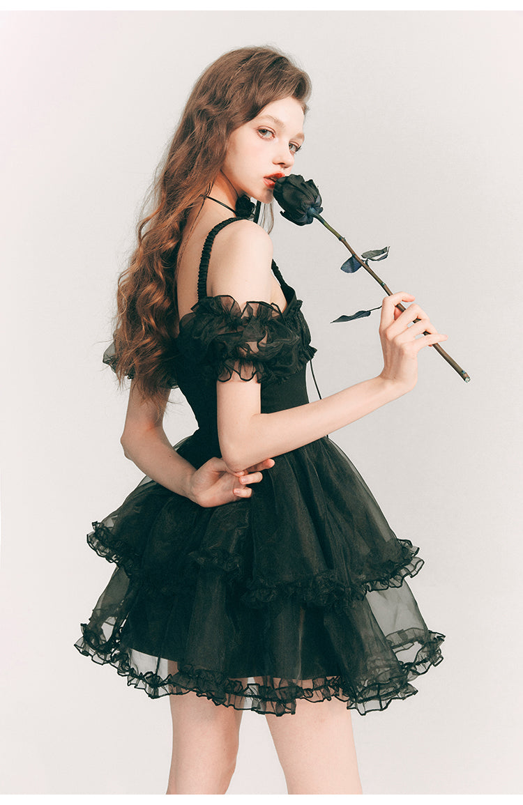 Frill Suspender Puff Skirt Short Dress