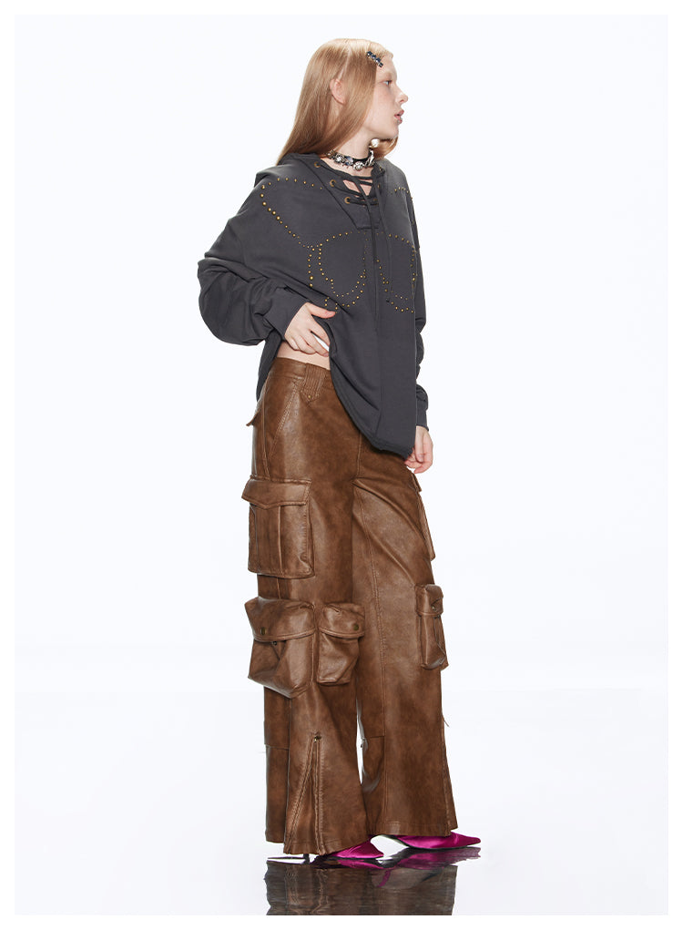 American Retro Multi Pocket Leather Pants