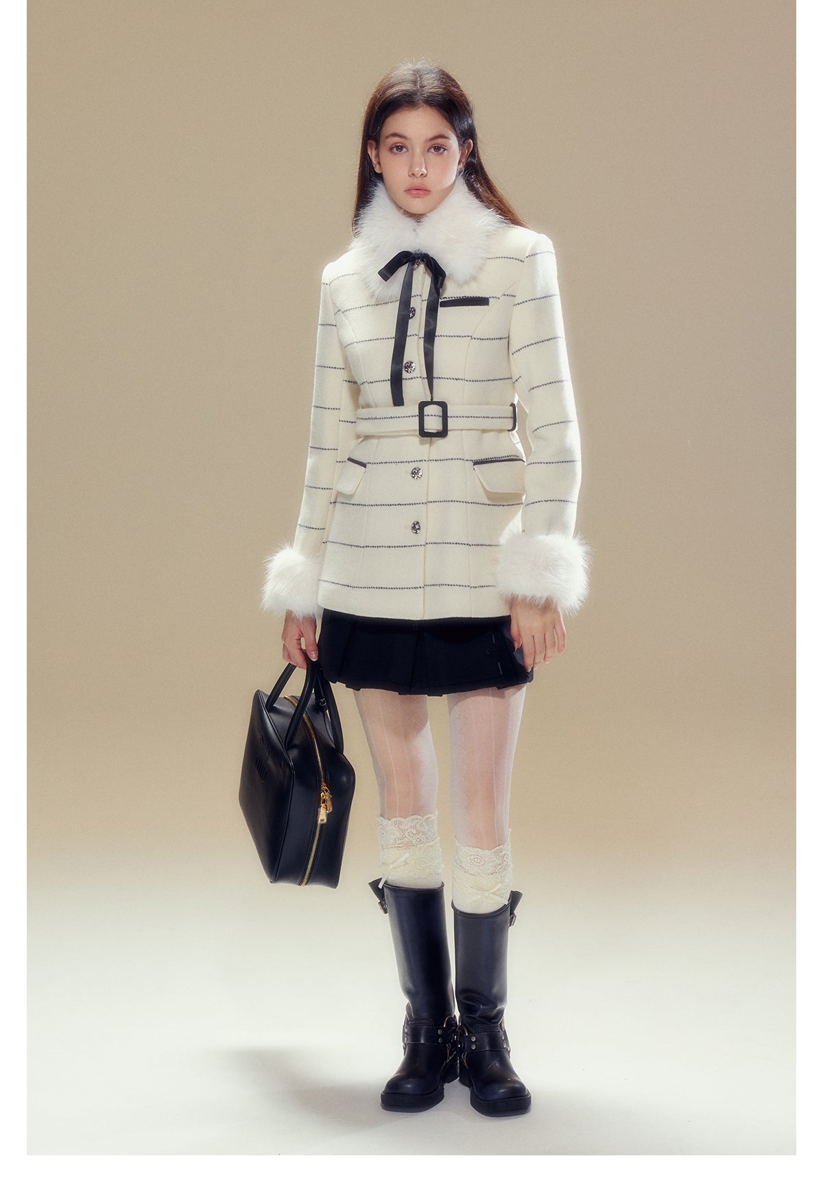 Short length striped collar fur wool coat