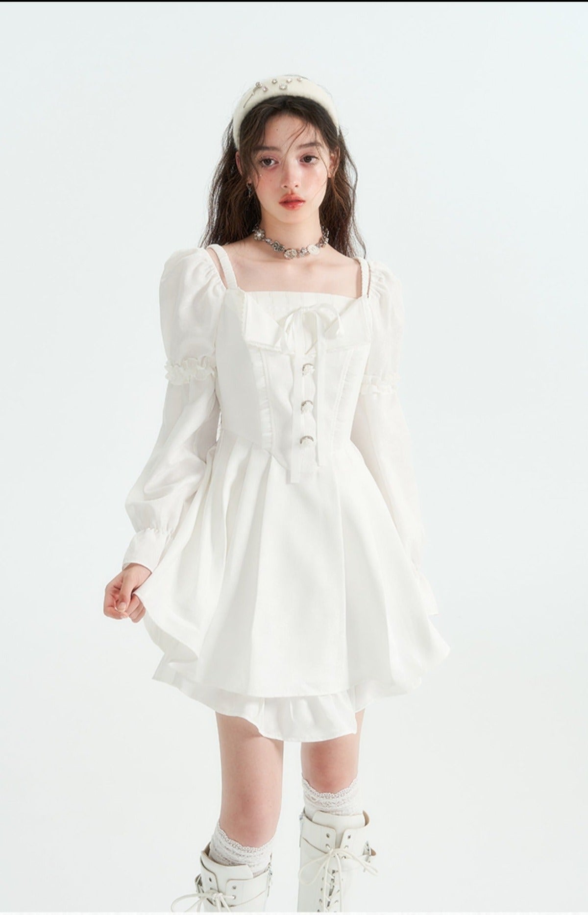 White Square Neck Puff Sleeve Tea Break Dress