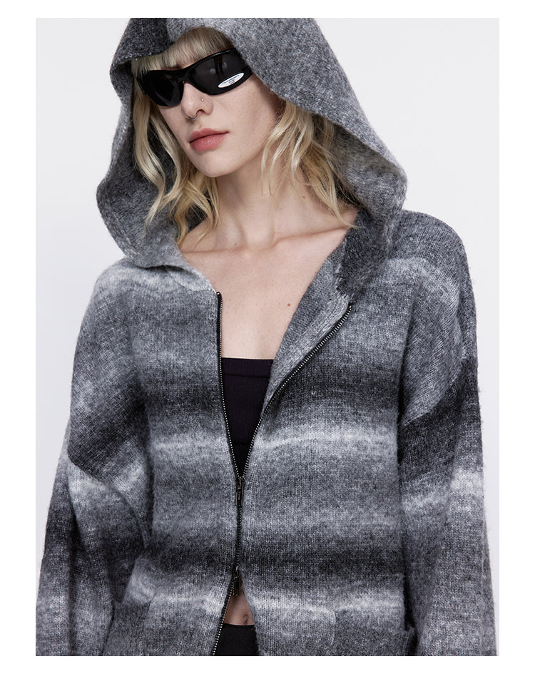 wool striped knit hood cardigan