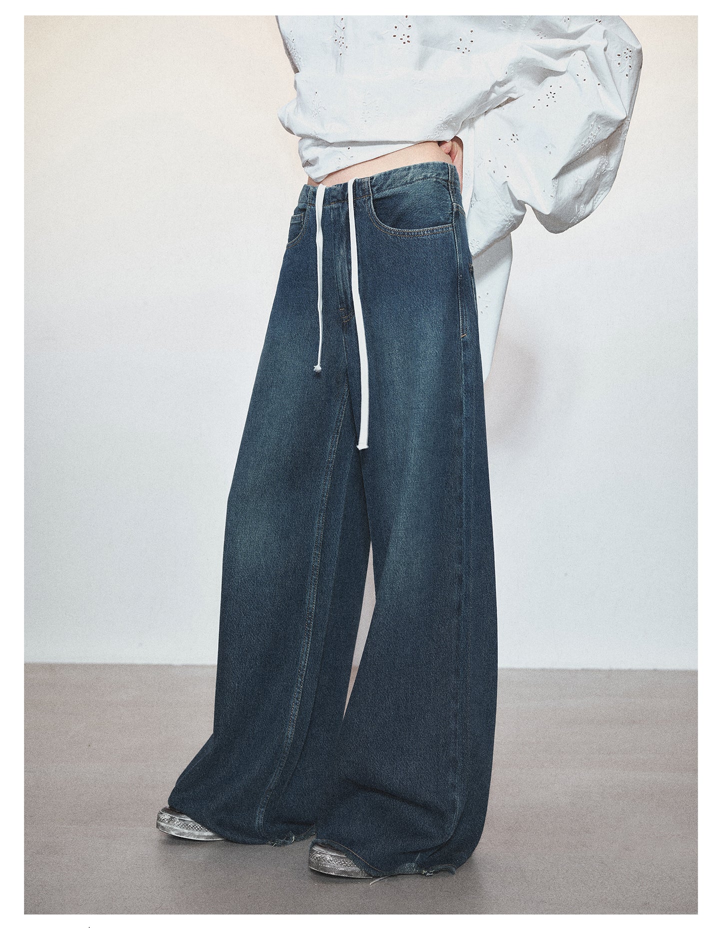 Retro Loose Wide Leg Drawstring Denim Pants