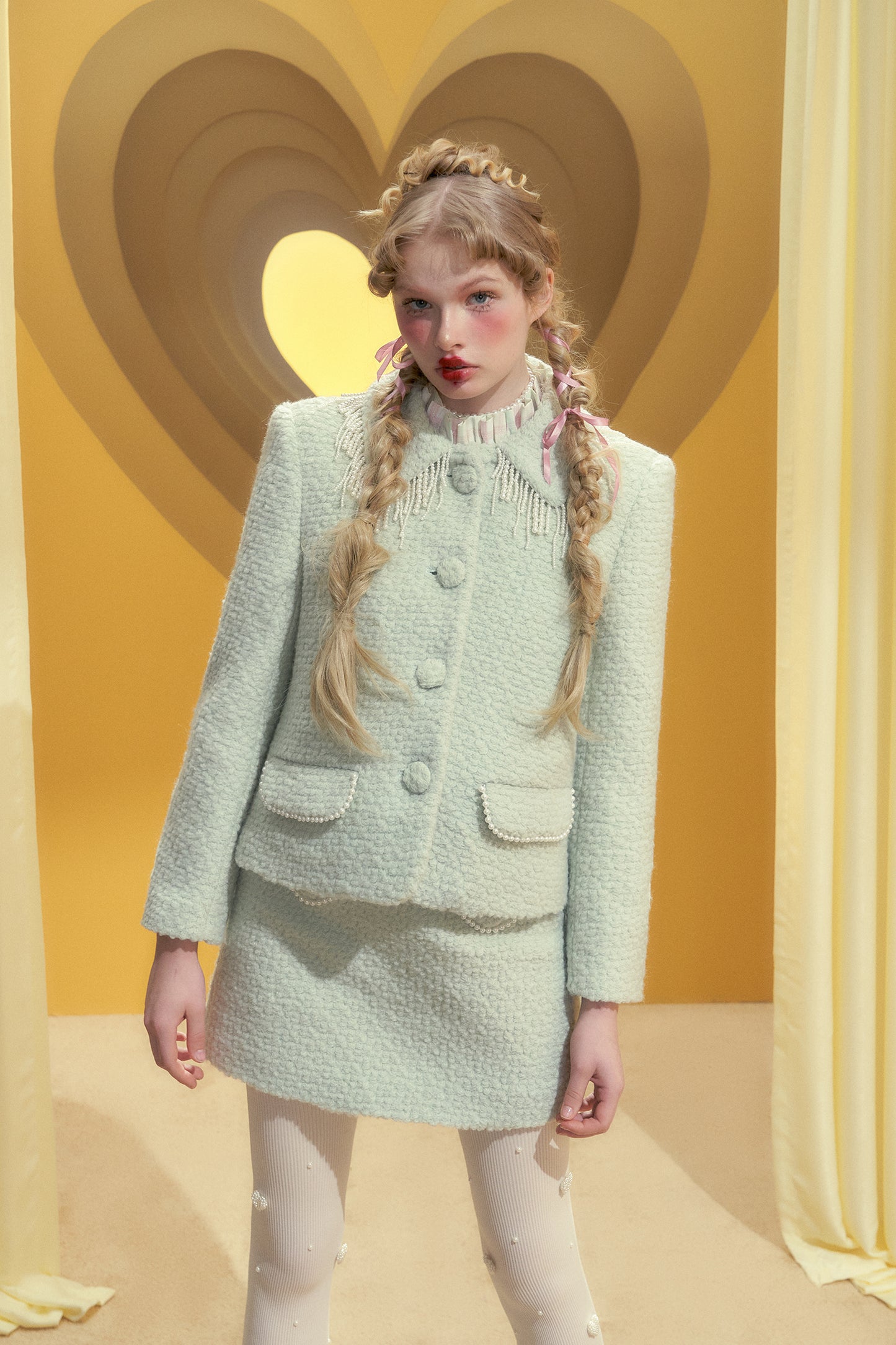 Mint green pearl tassel decorated wool short coat