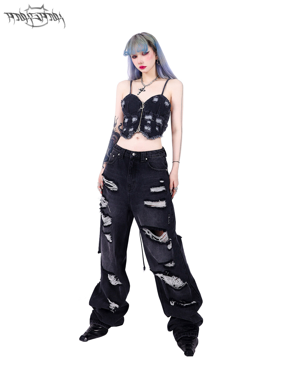 Wide Leg Irregular Damaged Denim Pants