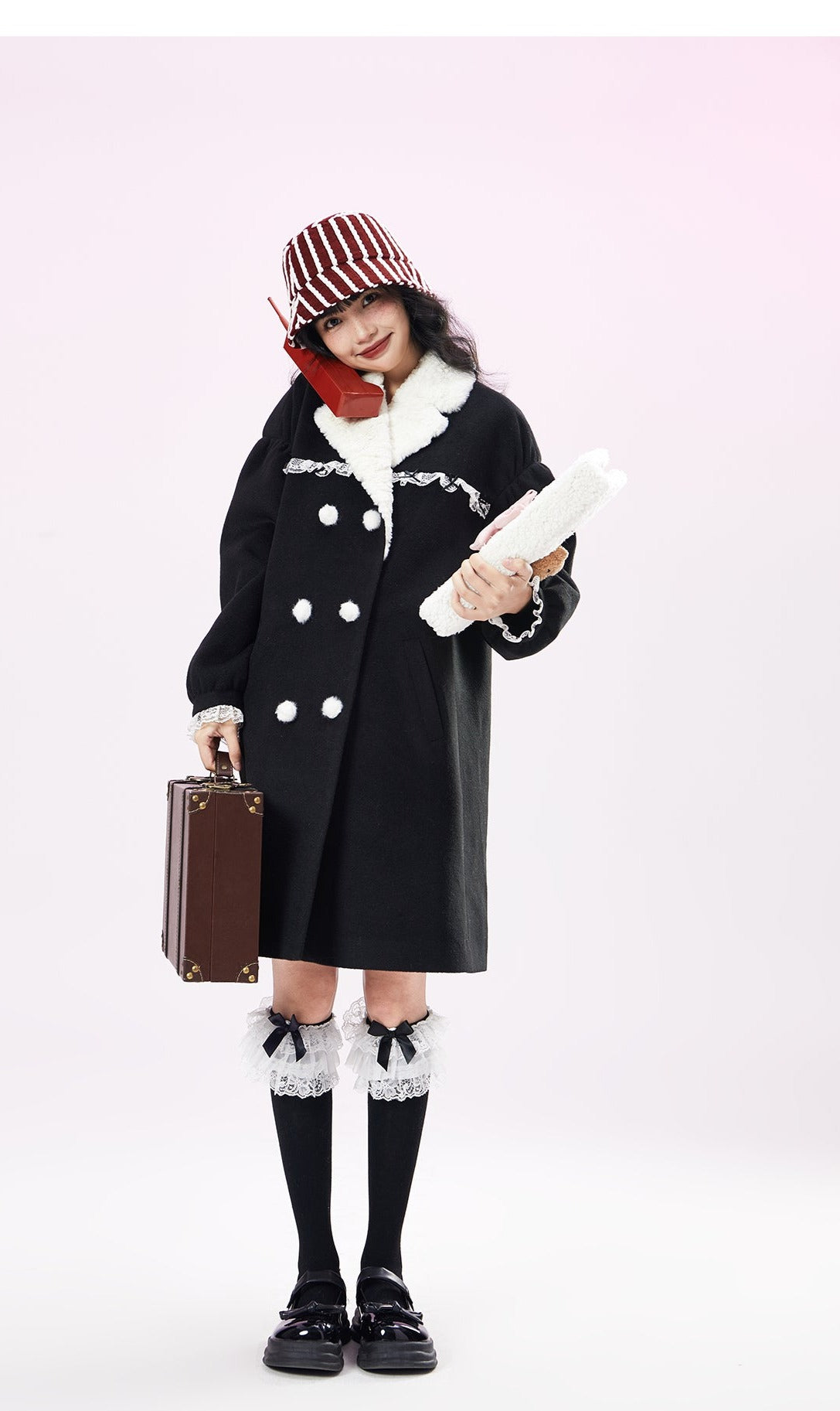 Original design black and white contrast wool coat women's winter