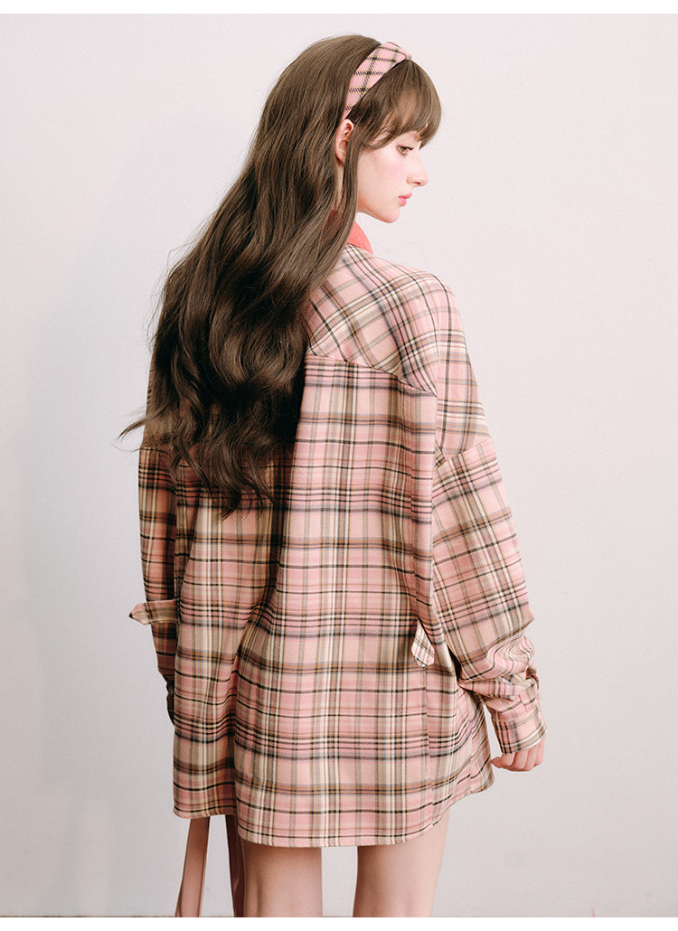 Loose Fit Plaid Shirt Jacket &amp; Pleated Skirt Set-Up