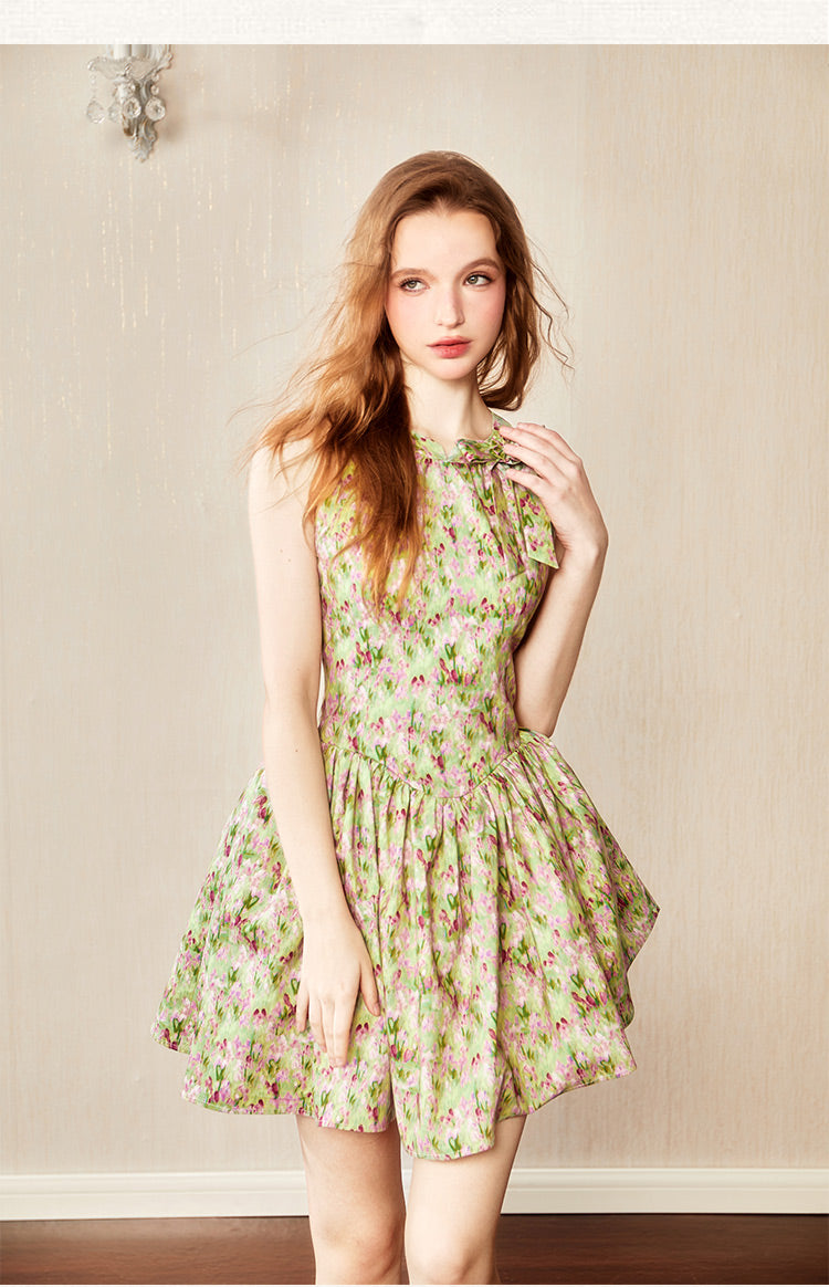 French Floral Retro Oil Painting Dress