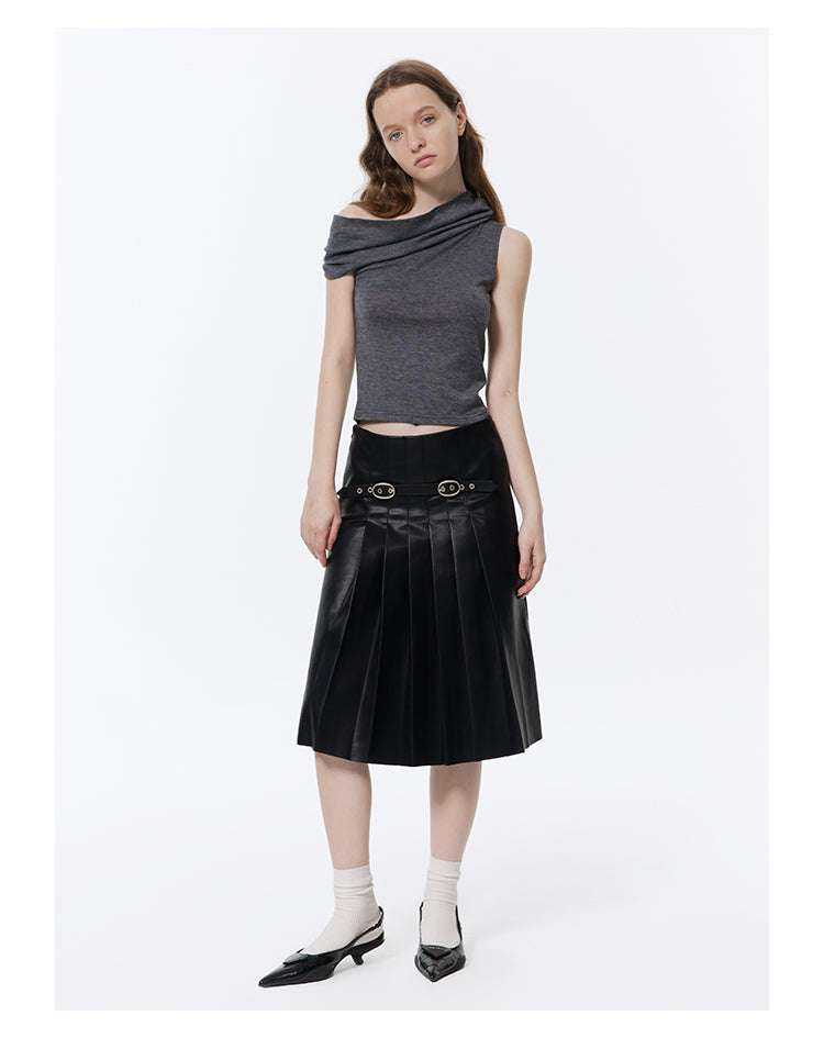 Retro Pleated A-line Leather Skirt