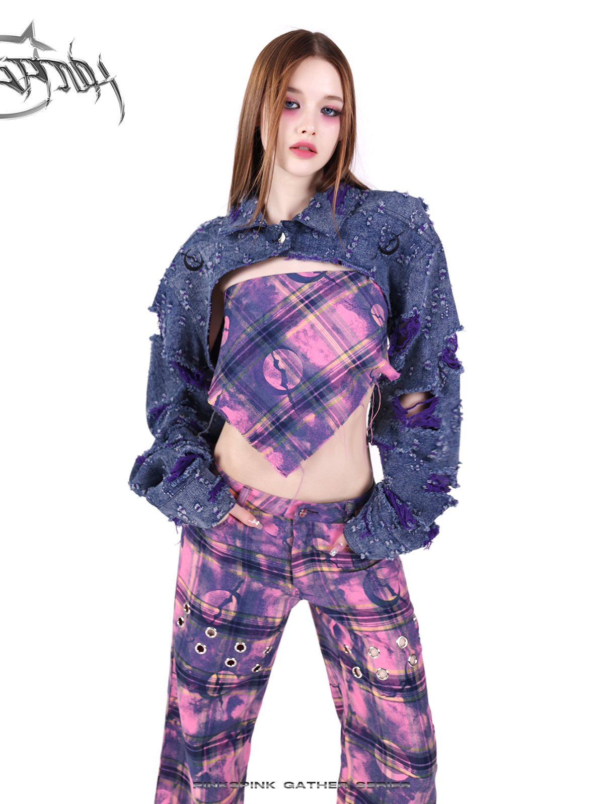 Loose Straight Plaid Metal Pants