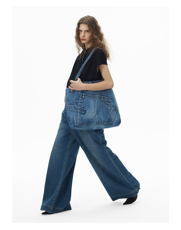 Wide-leg oversized washed retro denim pants