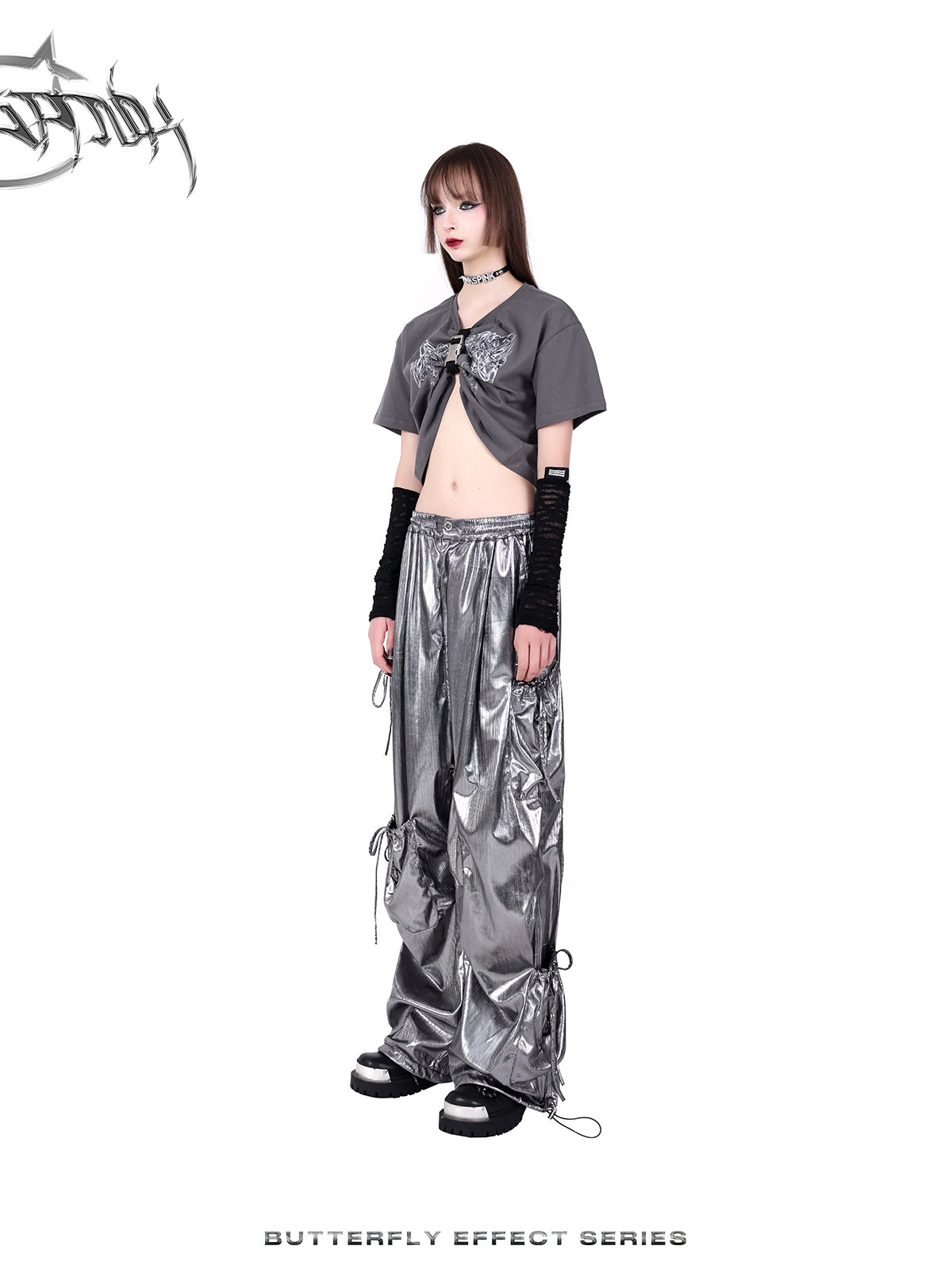 Wide-leg multi-pocket shiny cargo pants