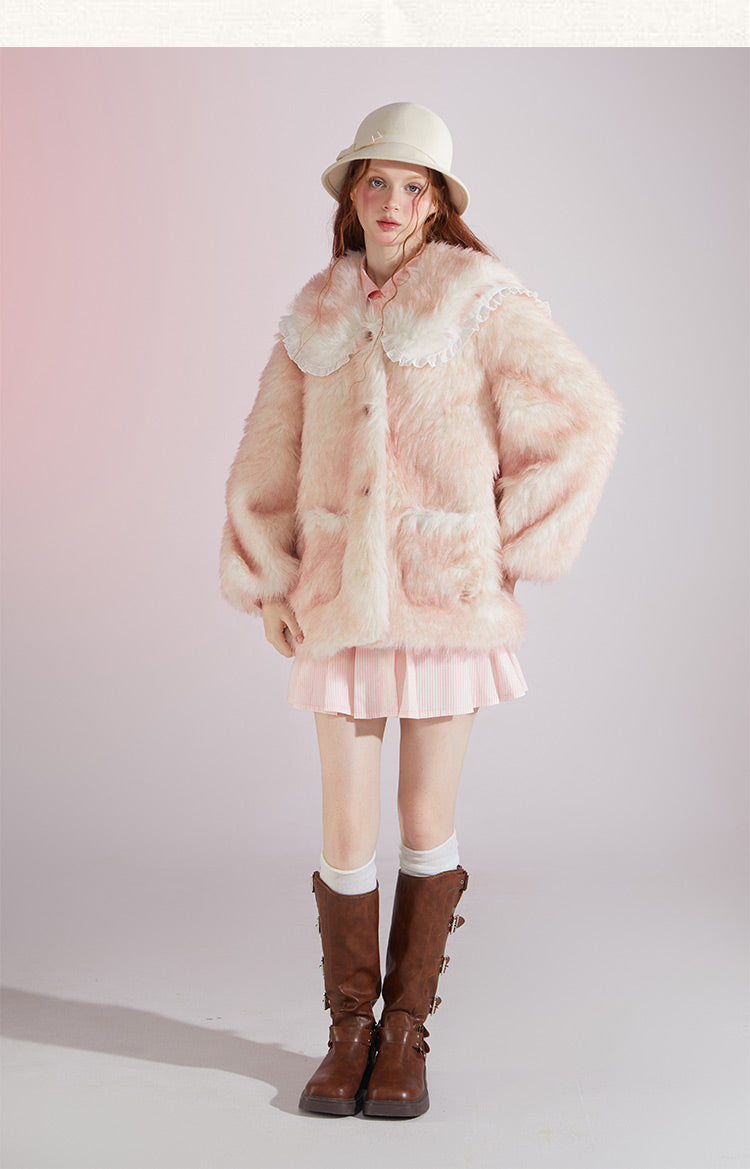 Original designSweet Baby Collar White&Pink Fur Coat