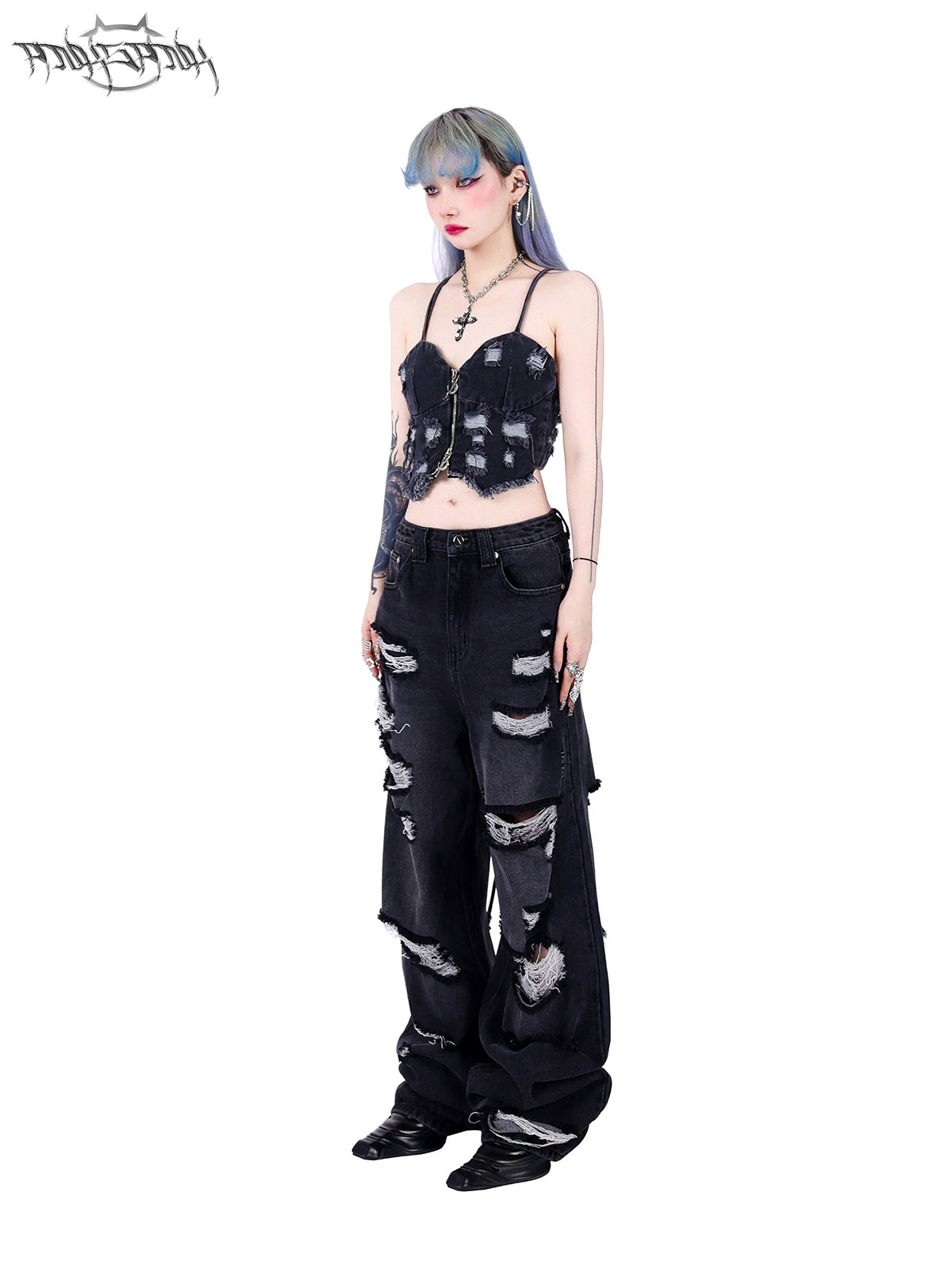 Wide Leg Irregular Damaged Denim Pants