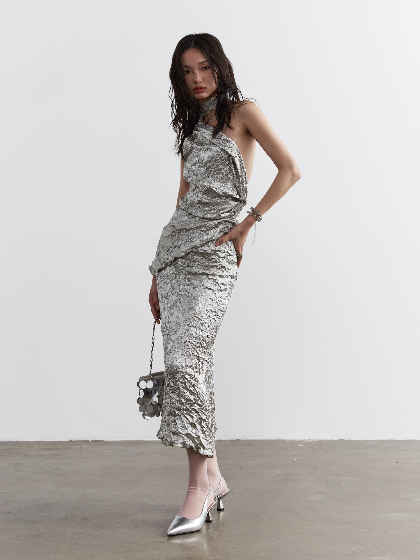 Metallic satin vest and skirt set