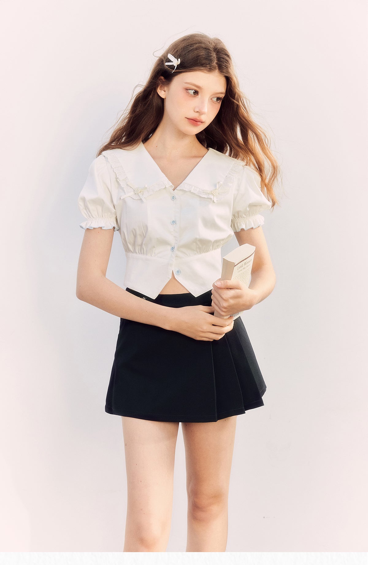 Puff sleeve label waist short shirt