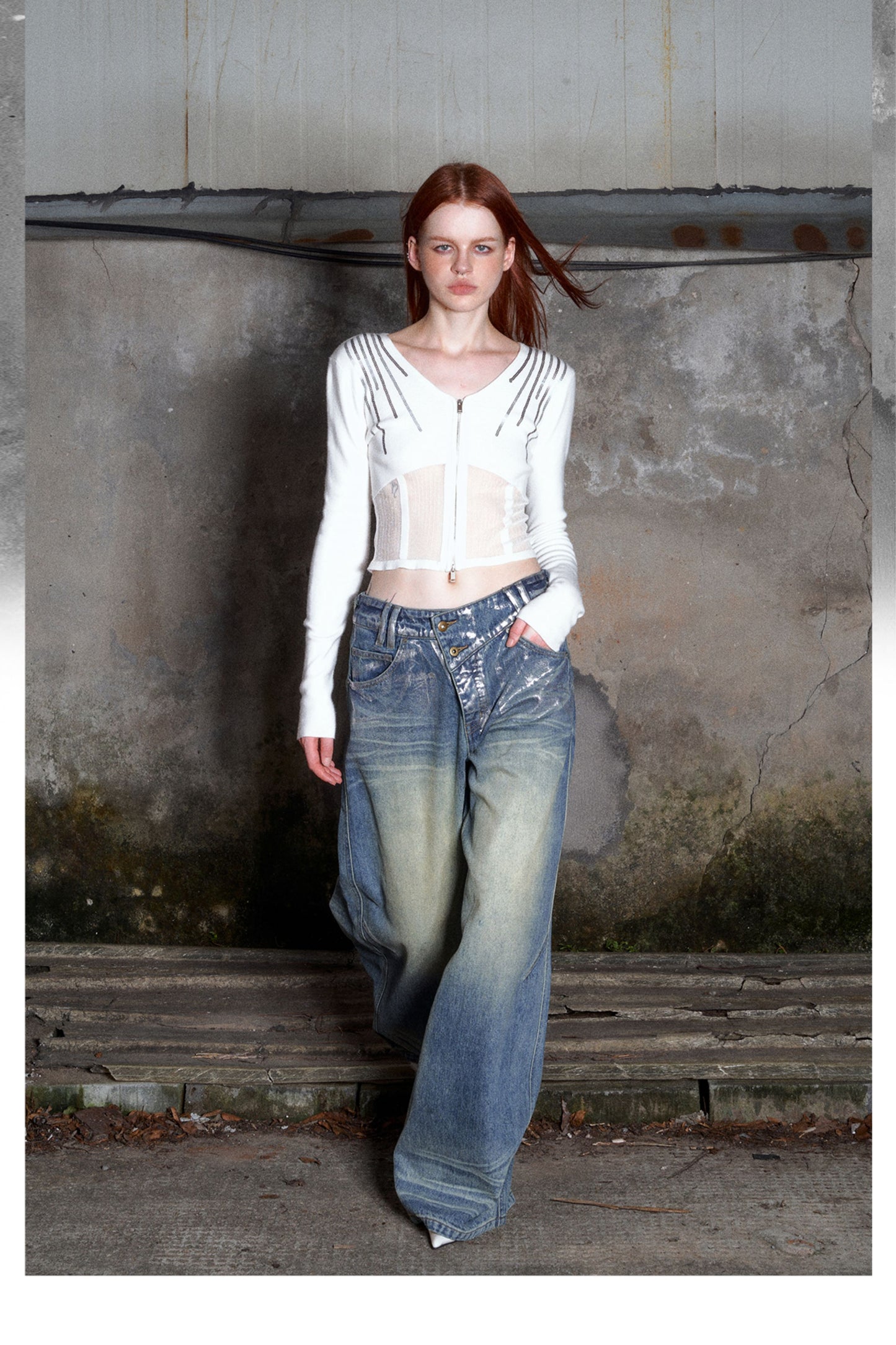 Irregular Waist Wide Straight Washed Denim