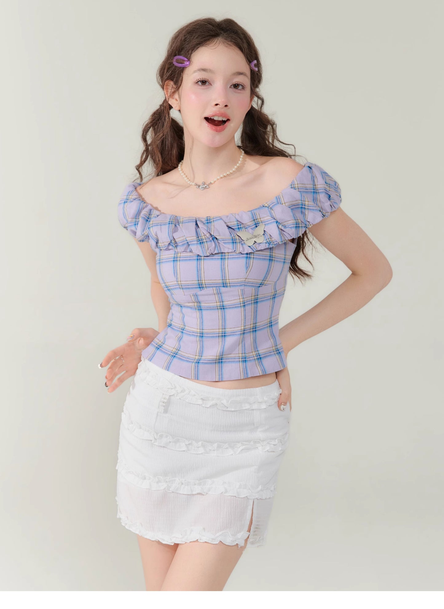 Plaid one-shoulder shirt