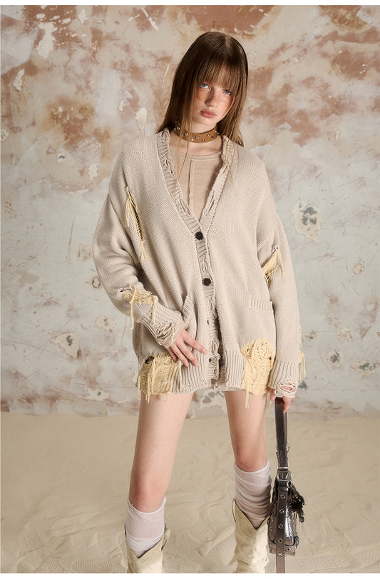 Hot Girl Style Ripped Long Sleeve Top V-Neck Knit Cardigan