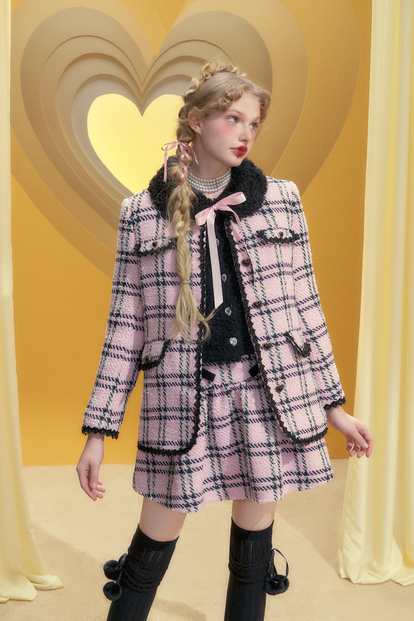 Pink and black checked wool blazer ribbon set-up