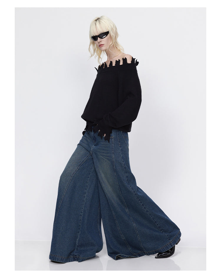 Oversized wide leg washed retro glare denim pants