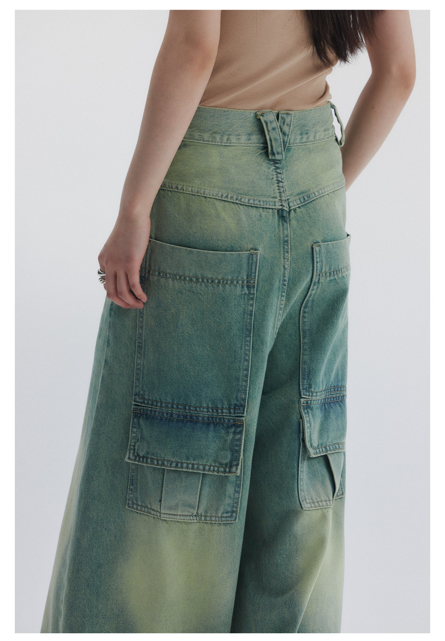 Wide-leg flared multi-pocket washed denim pants