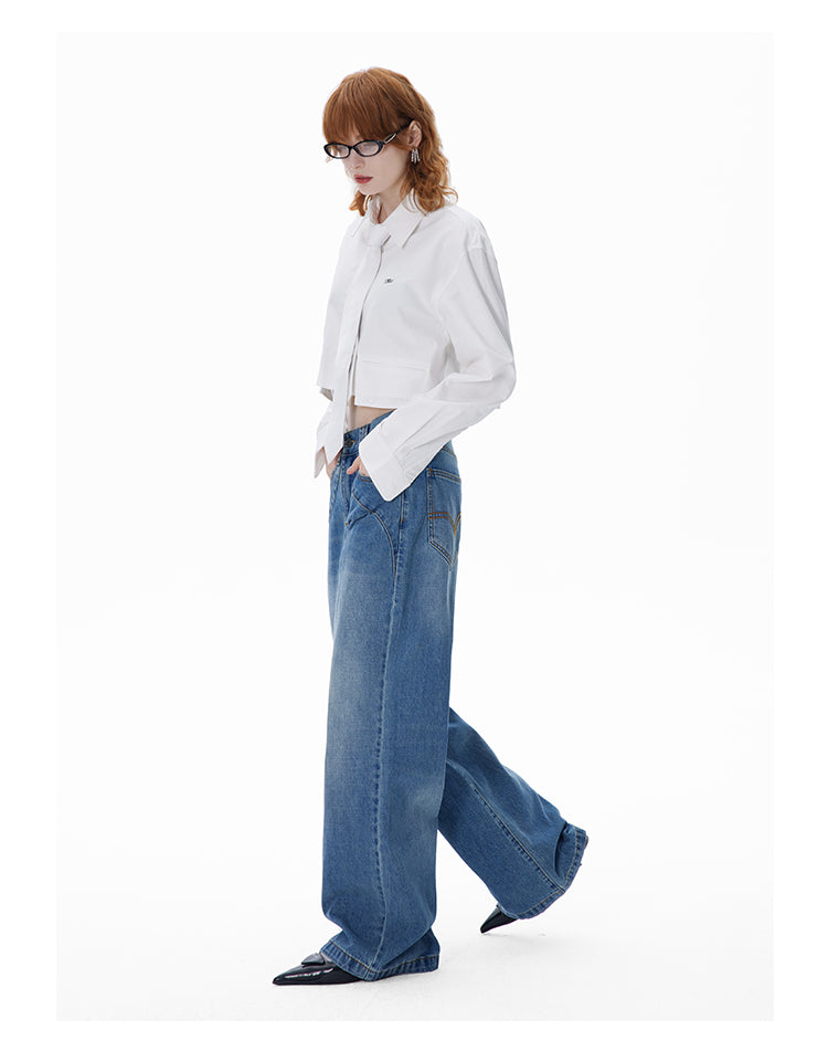 Back pocket embroidery retro washed denim pants