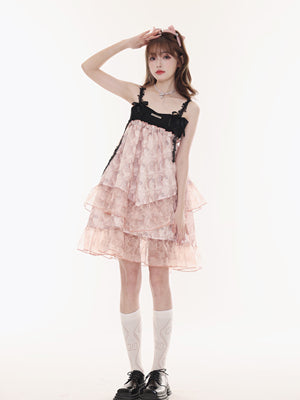 Shoulder Ribbon Ruffle Girly Suspender Dress