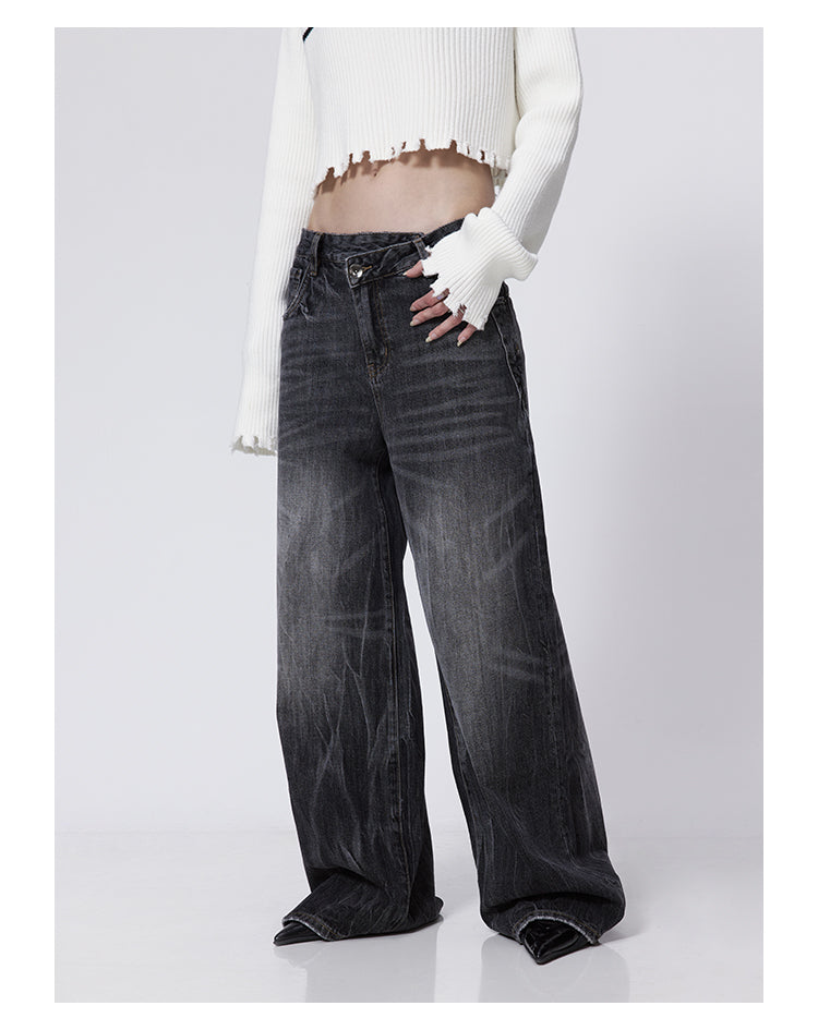 Wide Leg Washed Retro Flared Black Denim Pants