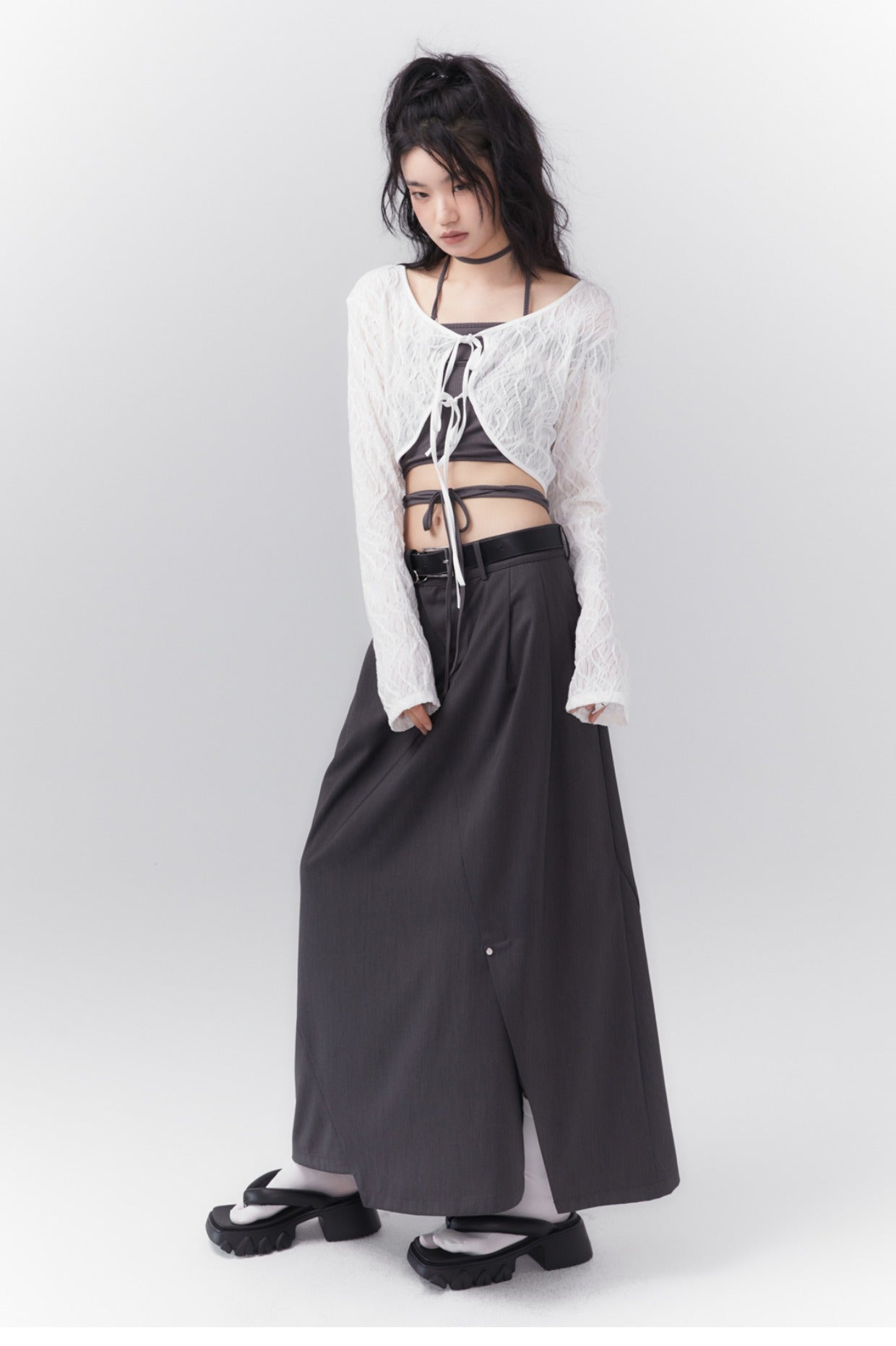 Asymmetrical long length pleated skirt