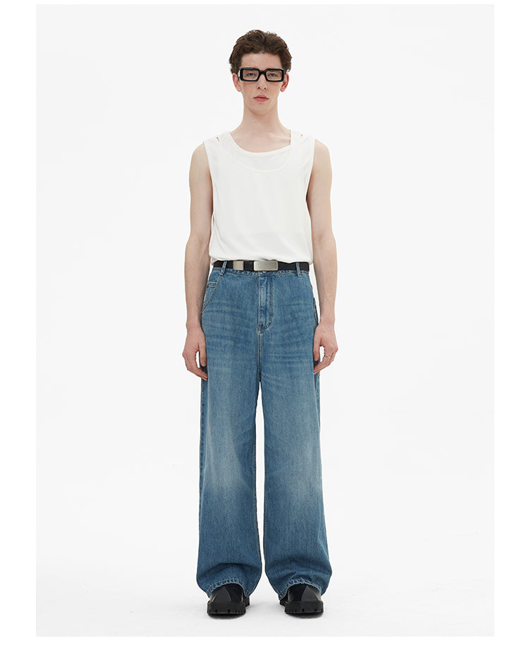 Wide leg irregular pocket washed denim pants