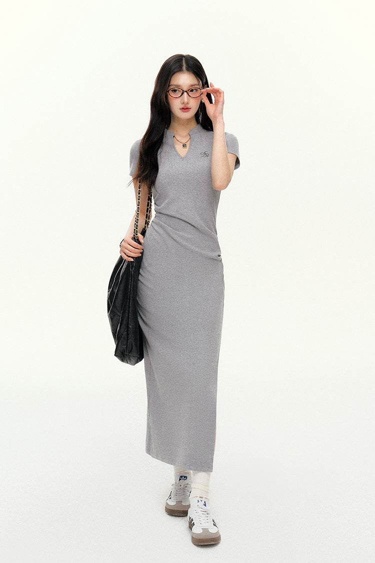 V-Neck Slit Slim Dress