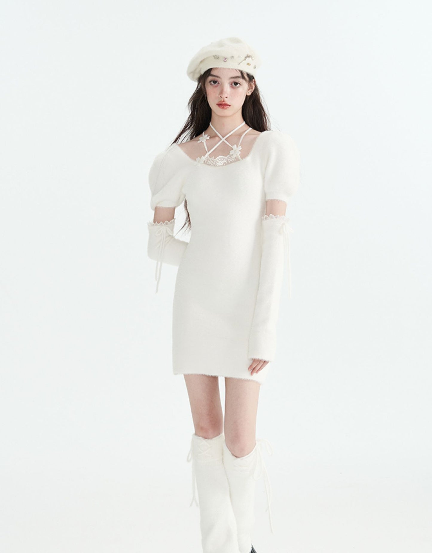 Slim Fit Square Neck Arm Warmer Knit Dresses & Tops