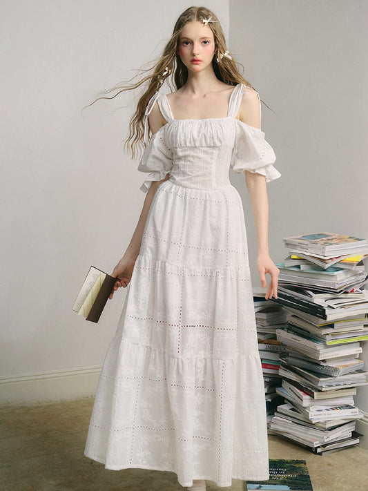 French Girly Embroidered Off-Shoulder Long Dress